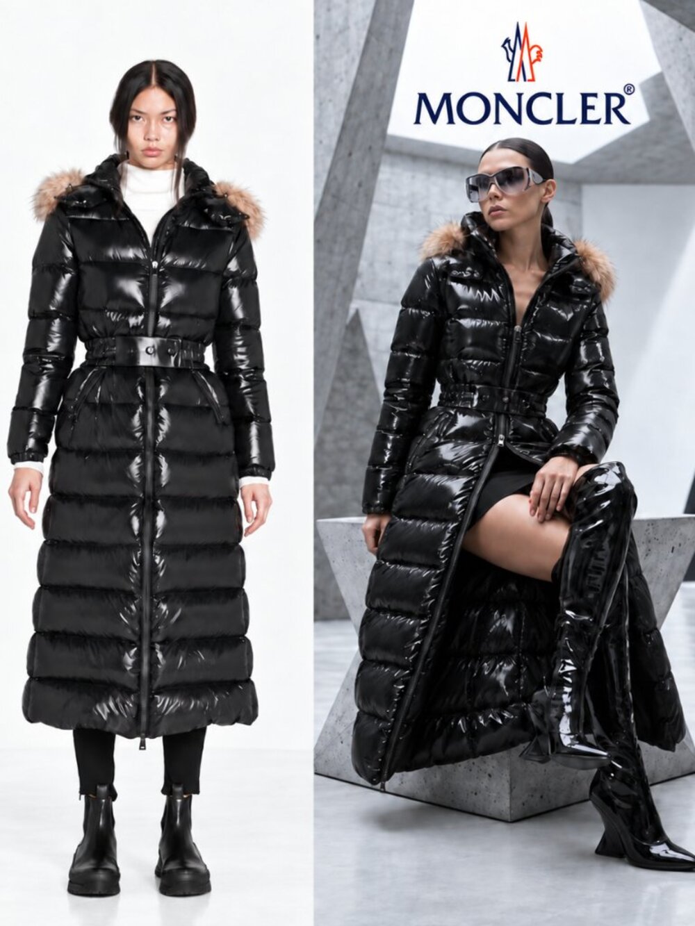 💥HOT ITEM!💥MONCLER HUDSON GOOSE DOWN QUILTED COAT w/ FOX TRIM in GLOSSY BLACK